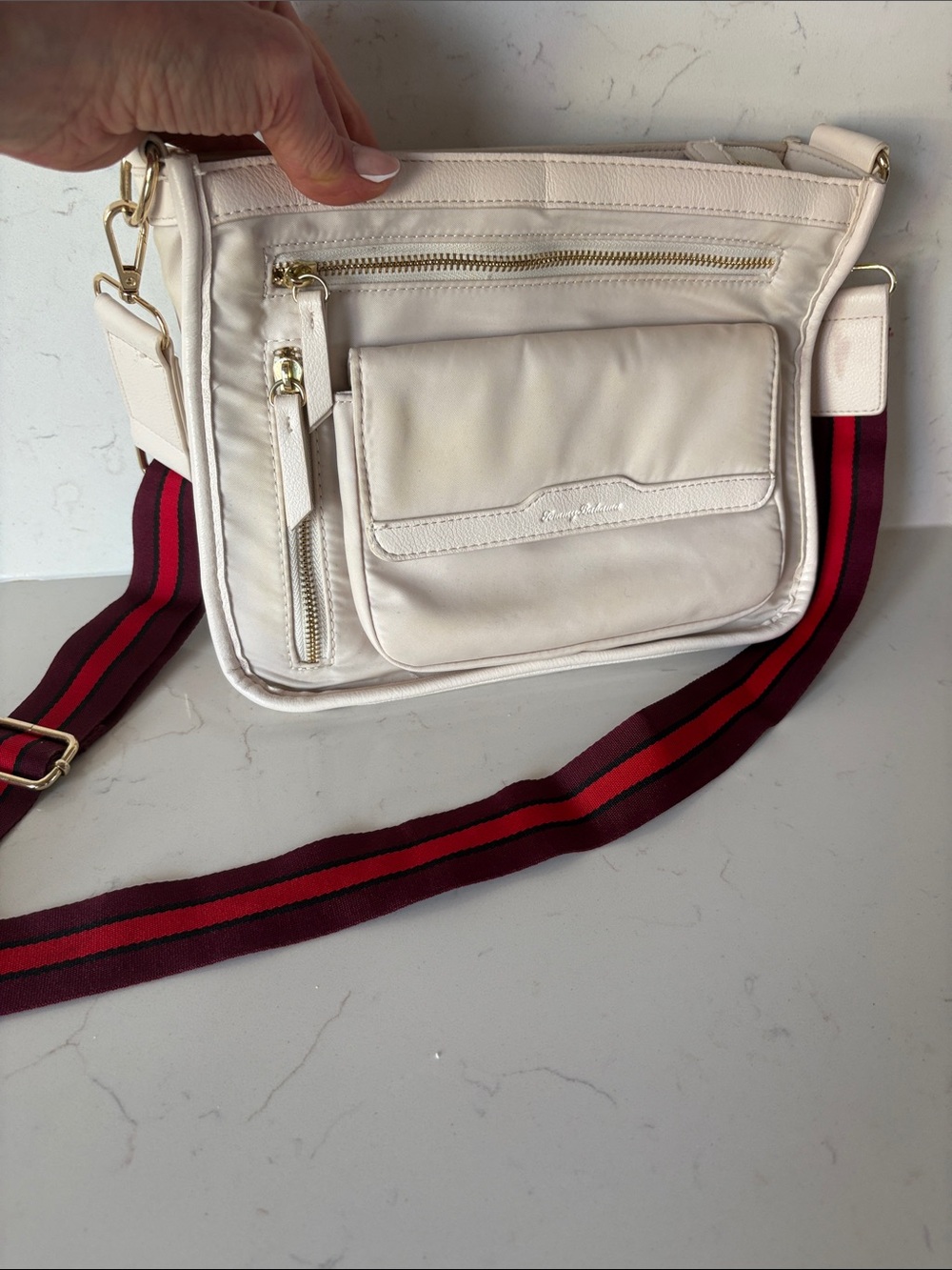 Tommy Bahama Crossbody Travel White Bag Leather accents striped strap
